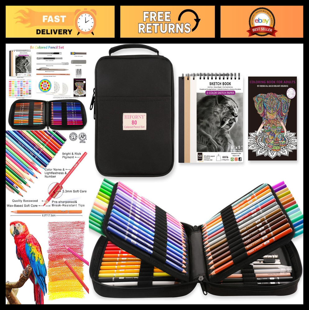 80 Colored Pencils Set – 72 Vibrant Colors, Soft Core Drawing Supplies for Adult