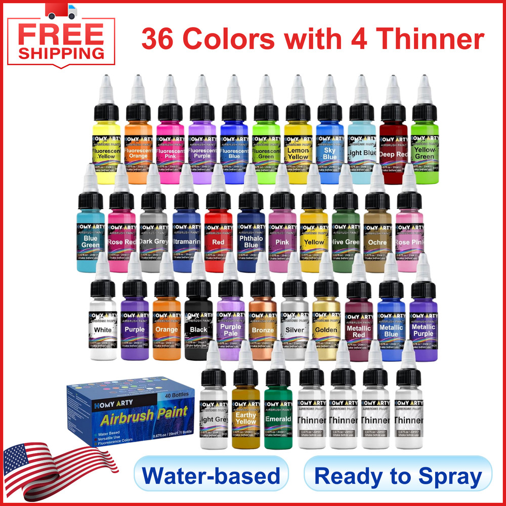 Airbrush Paint Set – 36 Colors With 4 Thinner Ready To Spray Water-Based Acrylic