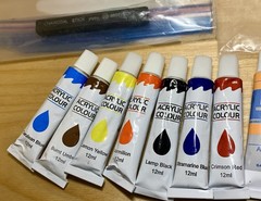 Acrylic Paint And Supplies Lot(16) New Tubes -1 Pencils Brushes Compass Charcoal