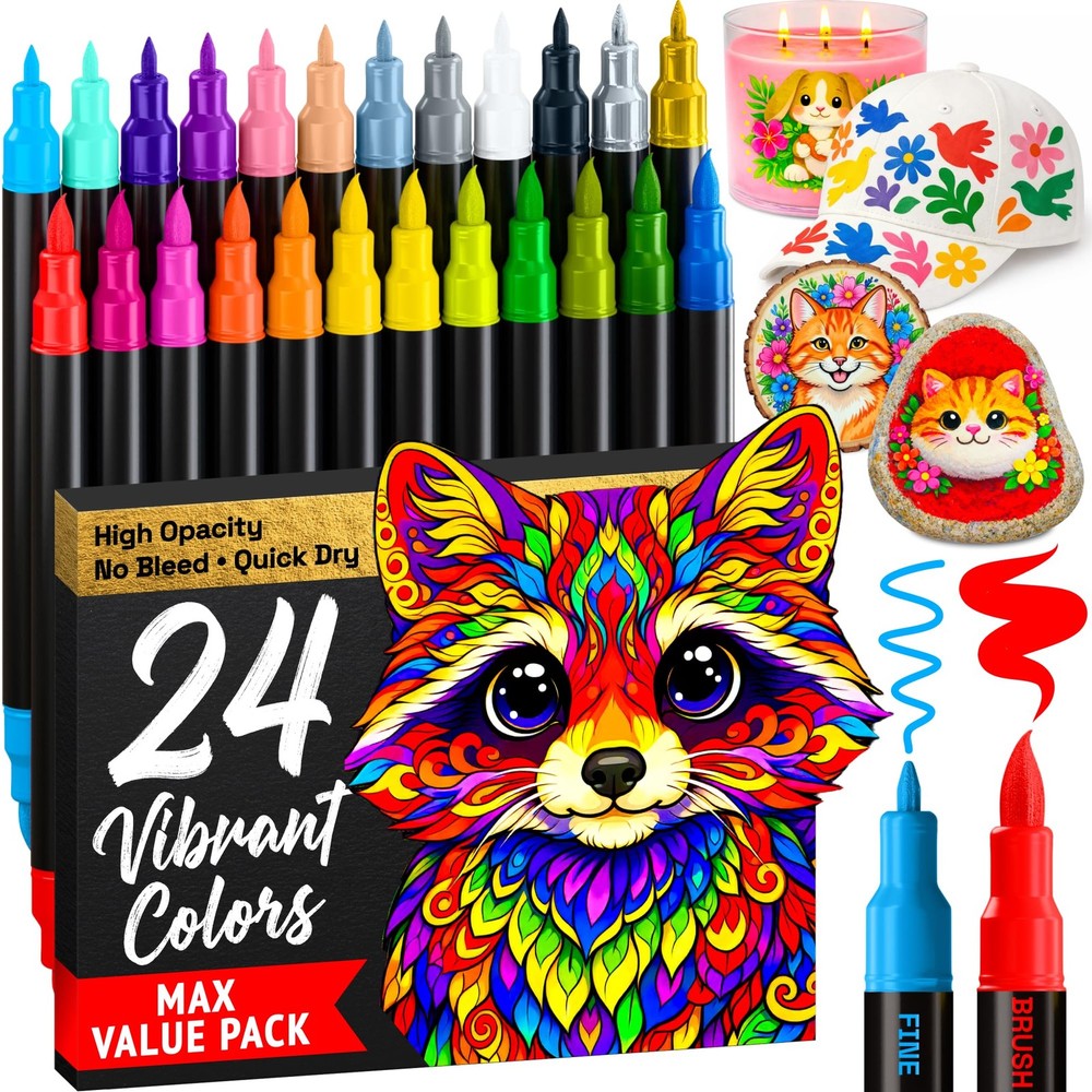 24 Acrylic Paint Markers Brush Fine Tip Pens Art Craft Set