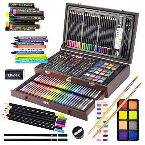 145 Piece Deluxe Art Set, Wooden Box & Drawing Kit with Crayons, multi-color
