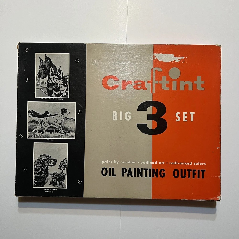 Vtg 1950s NEW Craftint Oil Paint by Number Big 3 Canvas Kit Dogs Spaniel Shepard