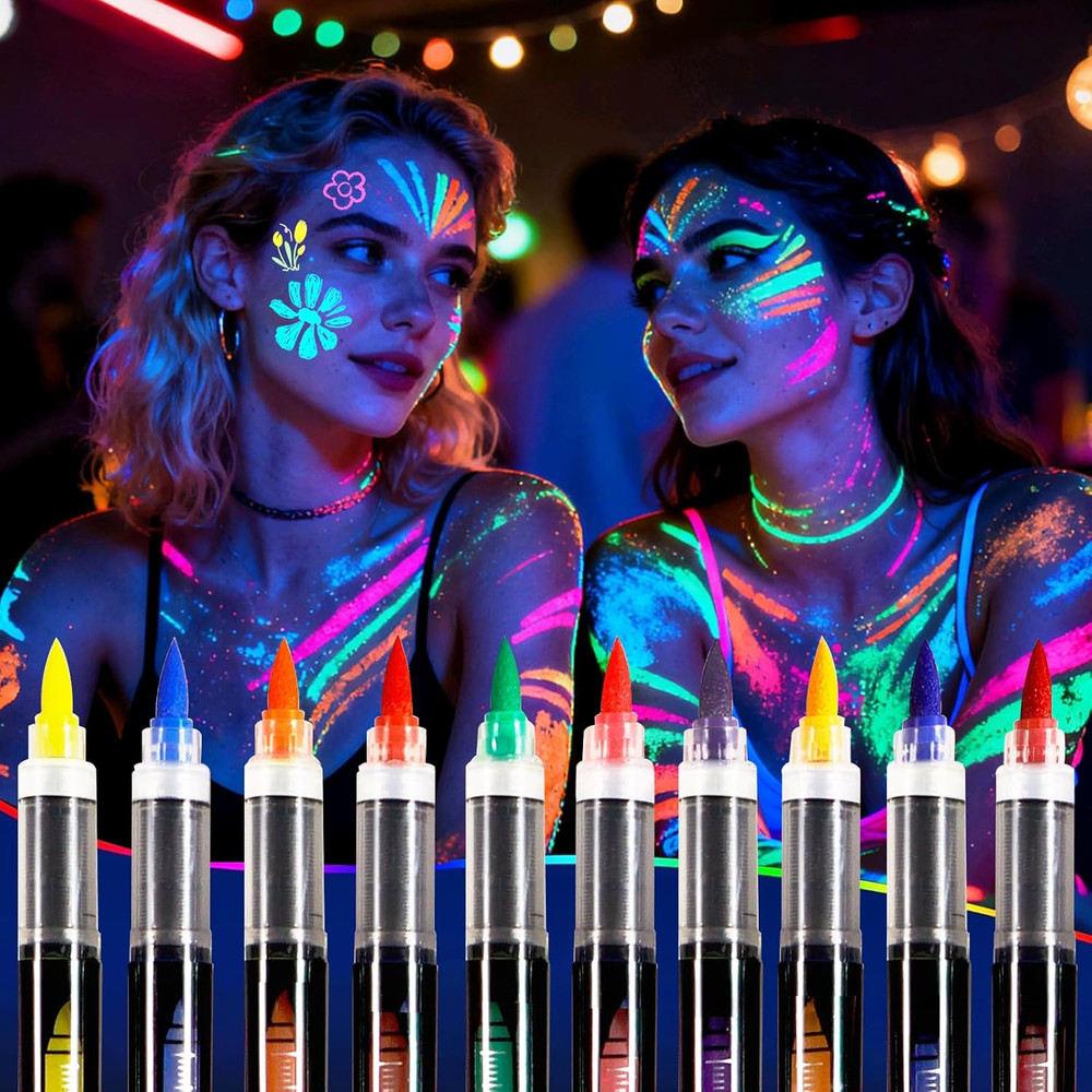 Glow in the Dark Face Paint Markers, 10 Colors UV Neon Body Paint Pens, Waterpro
