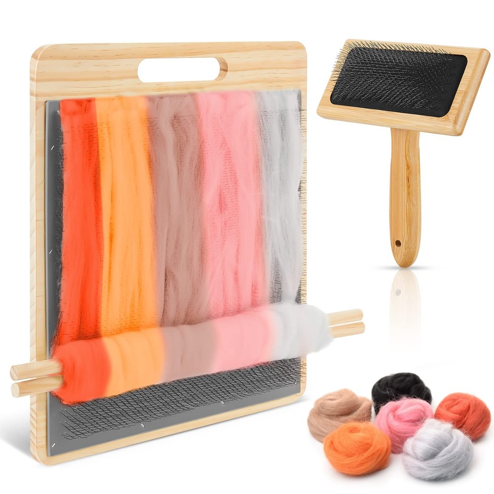 4 Pcs Wool Blending Board Carding Brush Set with 1 Wool Hand Carders Wood Bru…