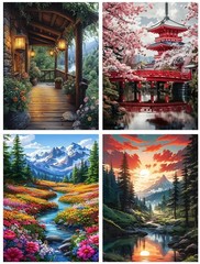 Diamond Art Kits for Adults, 4 Packs Landscape Diamond Art Painting Kits for t