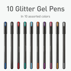 Glitter Gel Pens, 10 Count, 10 Assorted Colors, 1.0 mm Bold Point, Smooth Writin