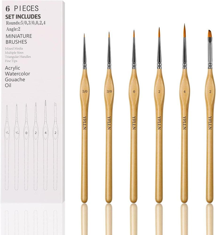 6Pcs Micro Paint Brushes Set with Triangular Handles – for Acrylics, Wooden