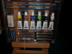 MIXED MEDIA ART SET WITH PAINTS , PASTELS, COLORED  PENCILS, ADJ EASEL, 40 PIECE