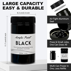 Black Acrylic Paint 300Ml (10.2Oz) – High Coverage, Opaque, Lightfast & Waterpro