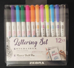 Zebra LETTERING SET 10012 Set of 12 pc Brand NEW! 6 Mildliner/6 Brush Pens WOW!