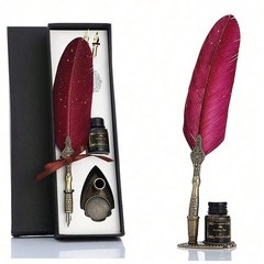 Feather Pen and ink Set with Wood Dip Pen with 1 Black Ink & 2 Replacement Nibs