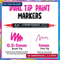 24 Colors Dual Tip Acrylic Paint Markers,Fine Tip and Brush Tip Permanent Acryli
