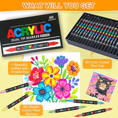 60 Colors Dual Tip Acrylic Paint Pens, 0.5-5MM Brush Tip & 1 MM Fine Tip Acrylic