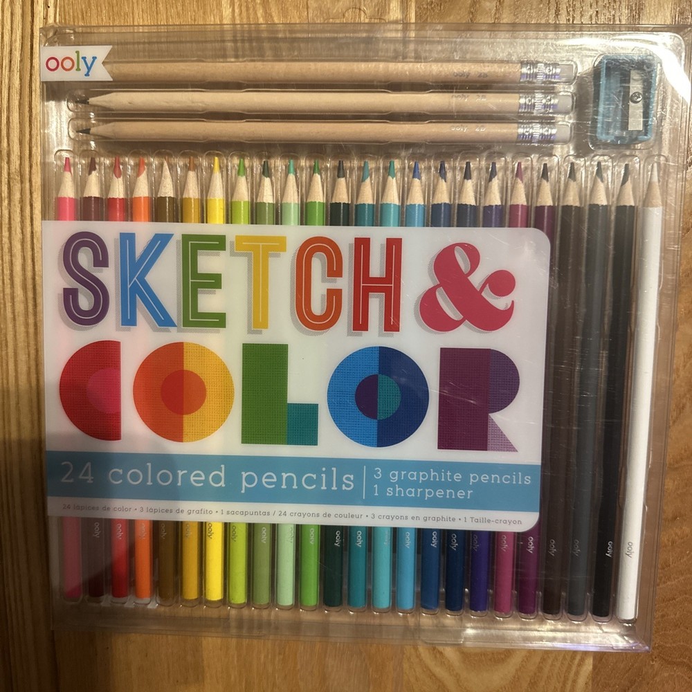 Sketch & Color. 24 Colored Pencils. 3 Graphite Pencils and Sharpener. New