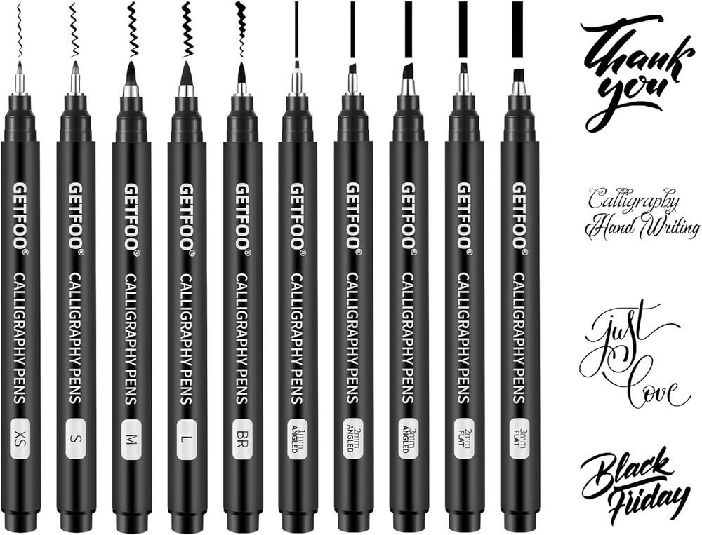 GETFOO 10 Size Calligraphy Pen Set, Hand Lettering Brush Pens for Black