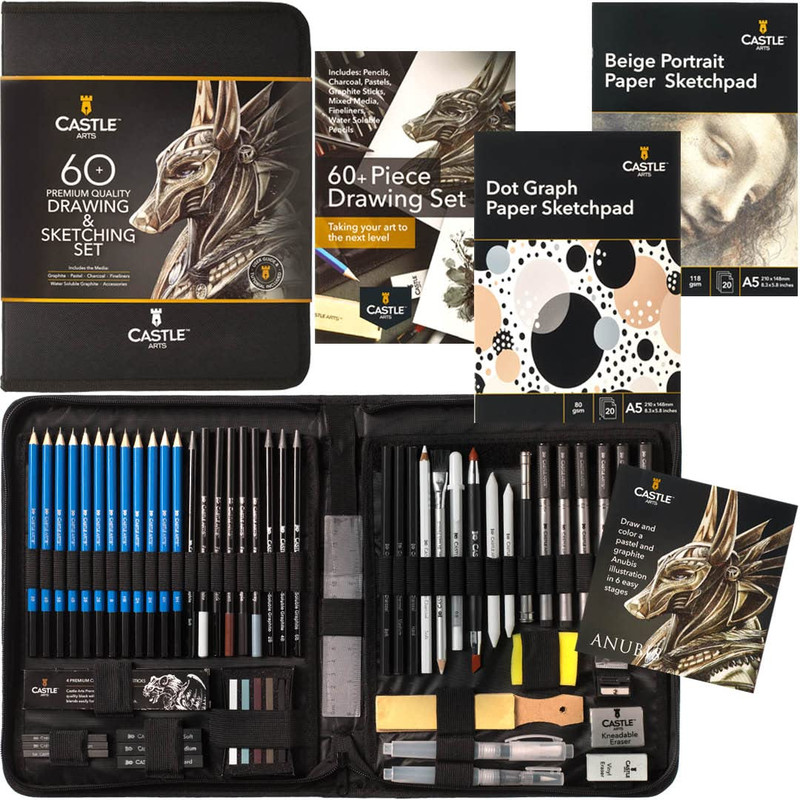 Castle Art Supplies 60 Piece Drawing Sketching Set Quality Graphite Charcoal