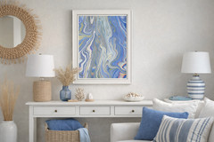Abstract Acrylic Pour Painting Blue Green Fluid Art on Canvas Modern Wall Art