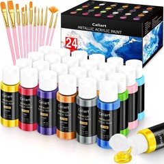 24 Metallic Acrylic Paint Set with 12 Brushes | Non-Toxic Rich Pigments for Art,