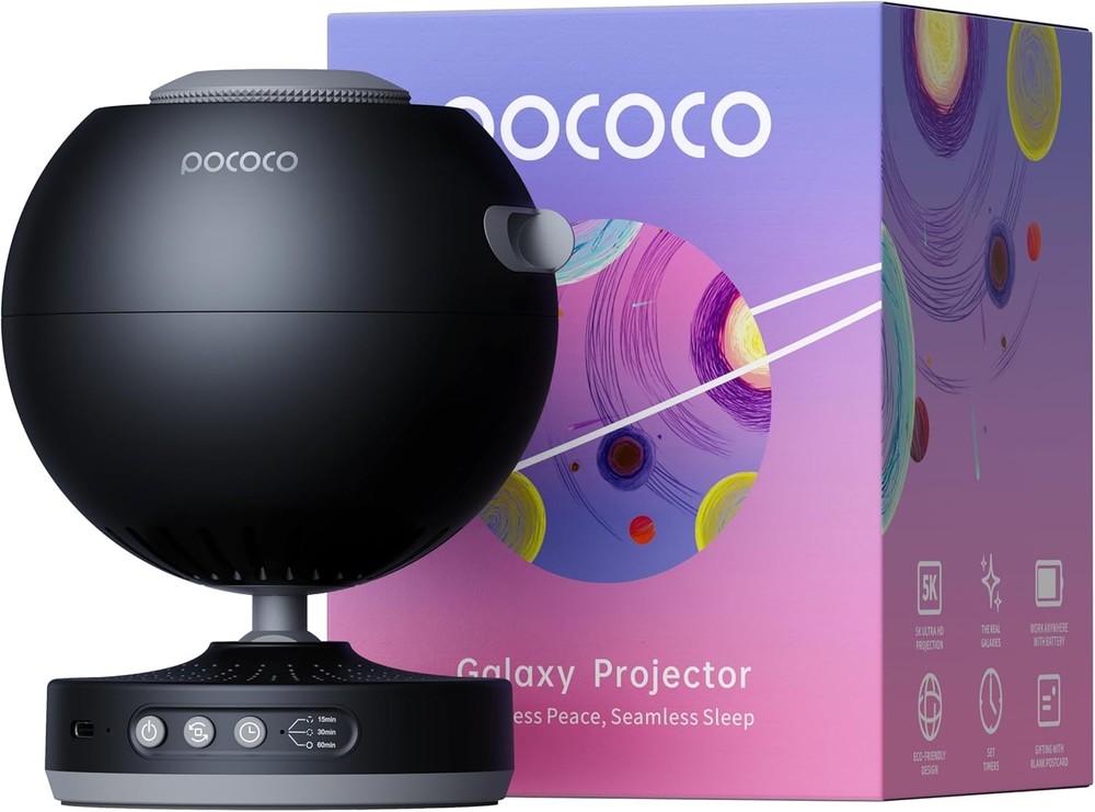 Galaxy Starlight Projector features interchangeable optical film discs.