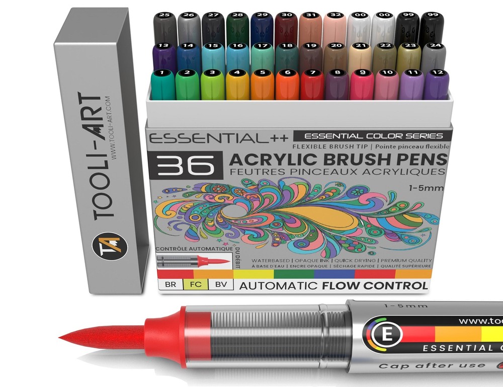 36 Essential Flexible Brush Acrylic Paint Pens AUTOMATIC FLOW CONTROL 1-5mm