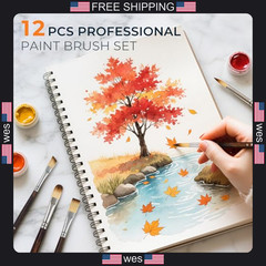 12 Piece Artist Paint Brush Set with Birch Wood Handles for Mixed Media Art