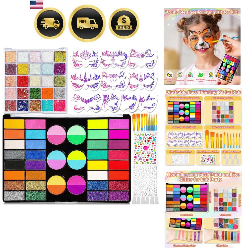 Face Painting Kit for Kids 69 Colors Washable Non-Toxic Glitter Stencils Brushes