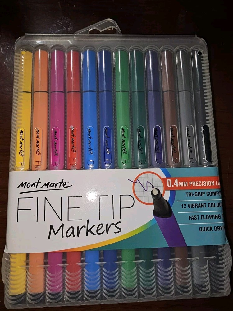 Mont Marte 0.4MM 12pk Fine Tip Quick Dry Asst Colors Markers Tri Grip in Case