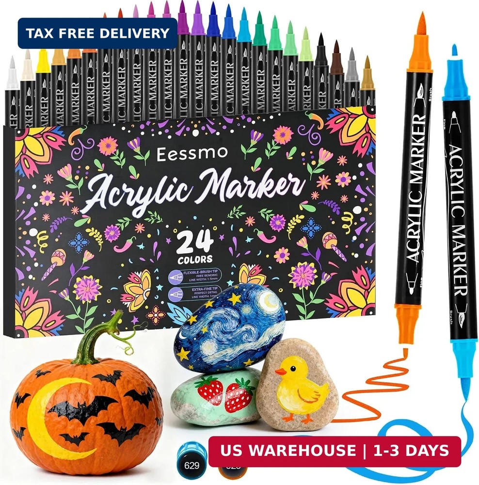 24 Colors Acrylic Paint Markers, Dual Tips Acrylic Paint Pens with Fine Tip and