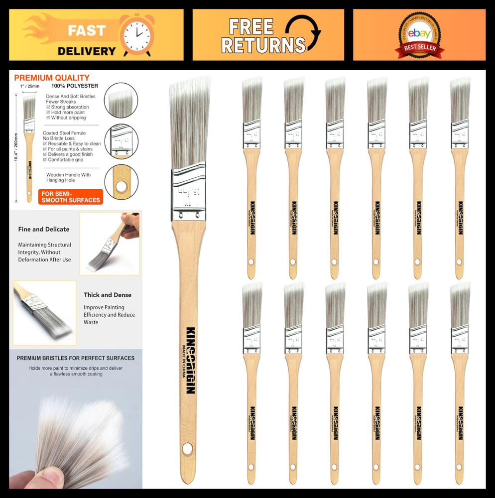 12 Pcs 1 Inch Angled Paint Brushes Set – Ultra-Dense Soft Bristles for Trim & De