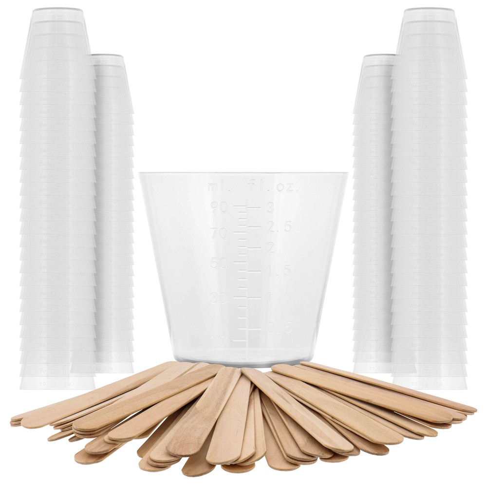 3oz (90ml) Graduated Plastic Measuring Cups, 100 Cups & 25 Mixing Sticks, Paint