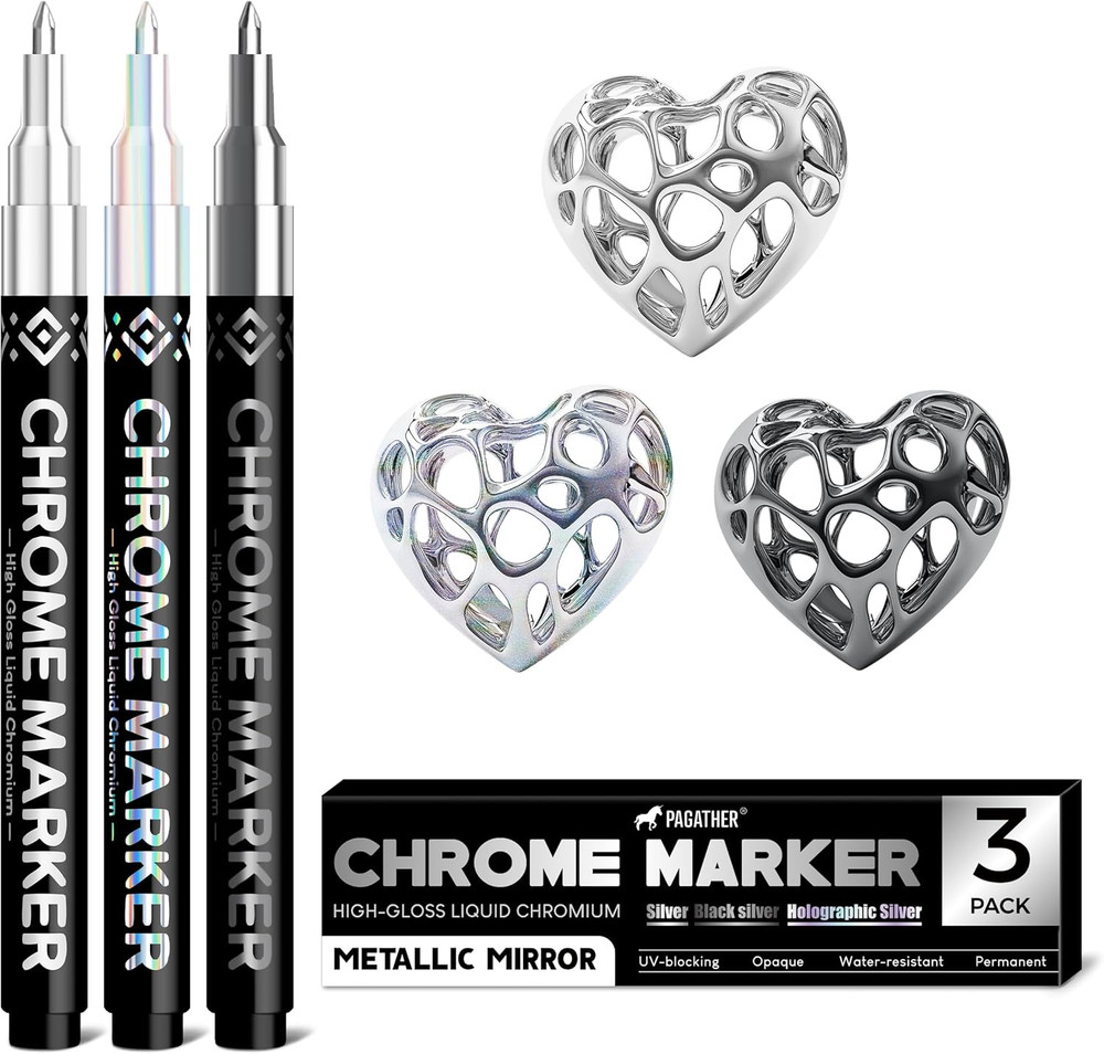 Pagather 3 Colors Chrome Paint Markers, Light, Black and Laser Silver Permanent