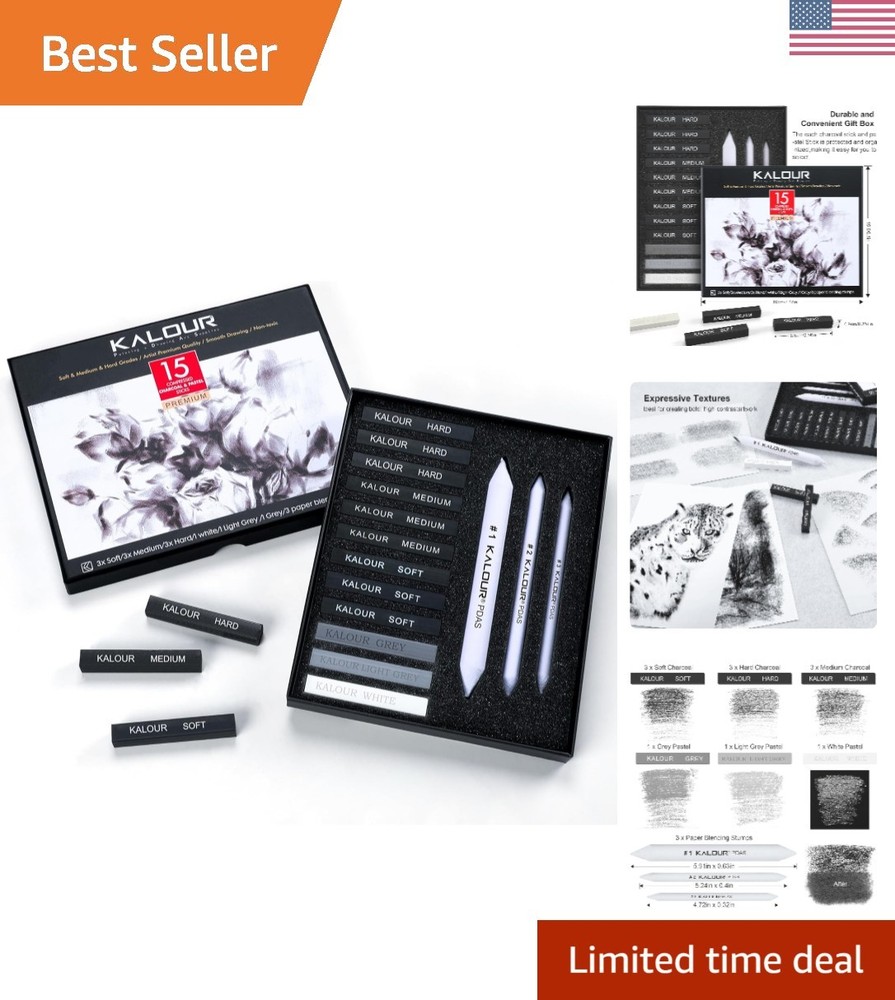 Versatile 15-Piece Charcoal Drawing Kit with Soft, Medium, Hard Sticks & Pastels
