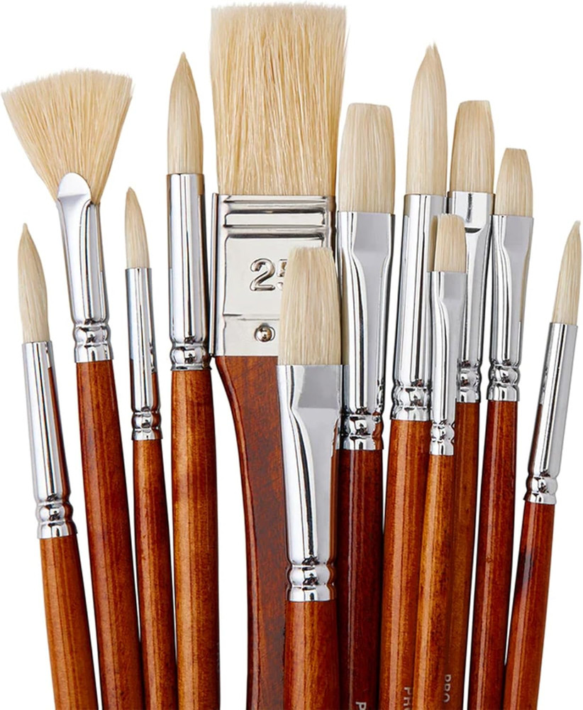 12-Piece Long Handle White Hog Hair Artist Paint Brush Set, Perfect for Acryl…
