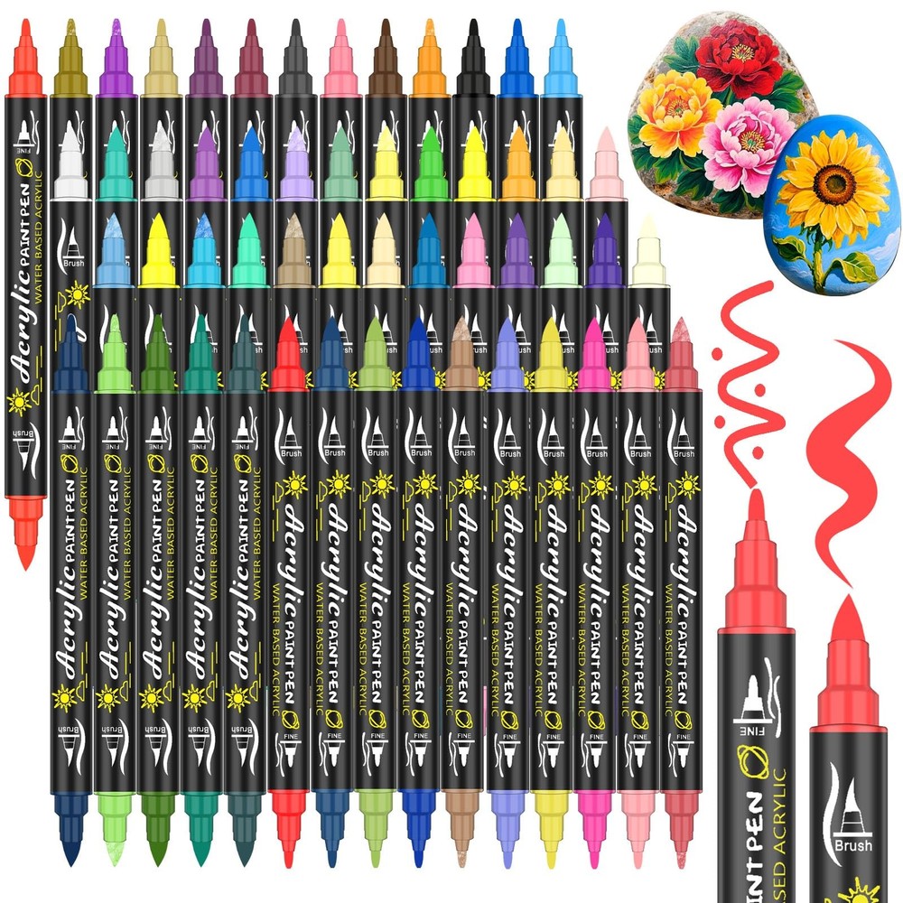 54 Colours Dual Tip Acrylic Paint Pens Set-Permanent Acrylic Paint Markers Fi…