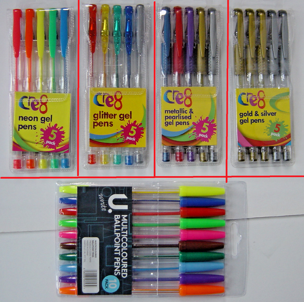 Gel pens, adult colouring, home craft art school party bag. also – ballpoint pen