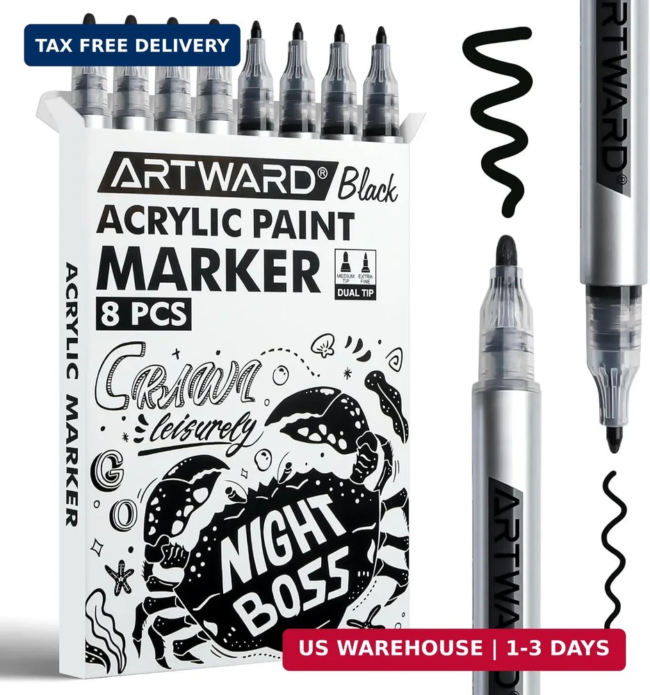 Black Acrylic Paint Markers 8 Pack, Dual Tip 0.7mm & 3mm Acrylic Paint Pens