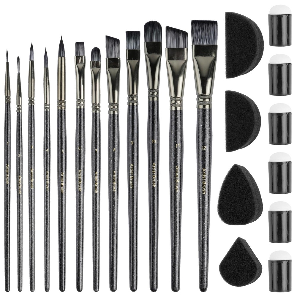 12 PCS Black Nylon Face Paint Brushes Set With 30 PCS Sponges For Body Art