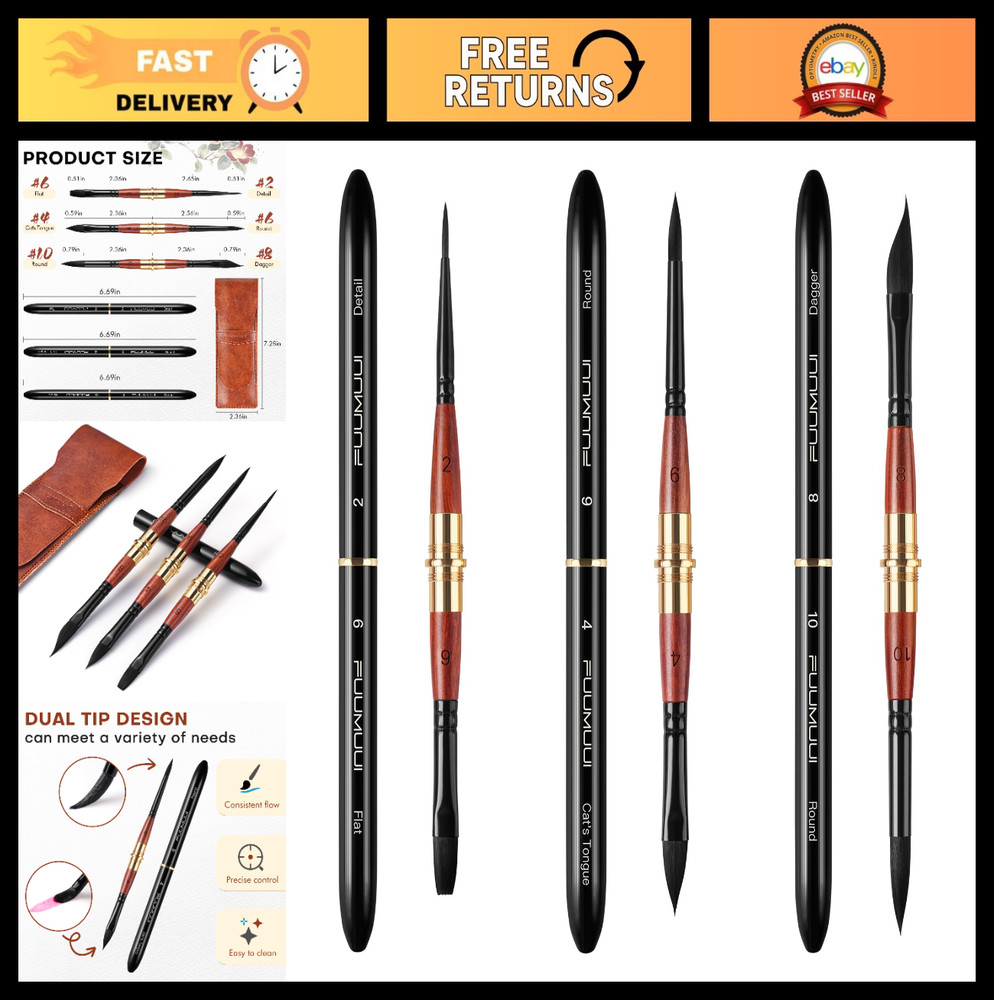 Dual Tip Travel Watercolor Brushes Set – 6 Synthetic Squirrel Hair with Pouch fo