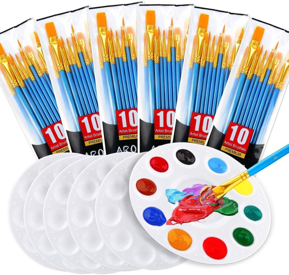 Painting Brush Palette Set, with 6 Packs of 60 Brushes and 6 Palettes,Nylon Brus
