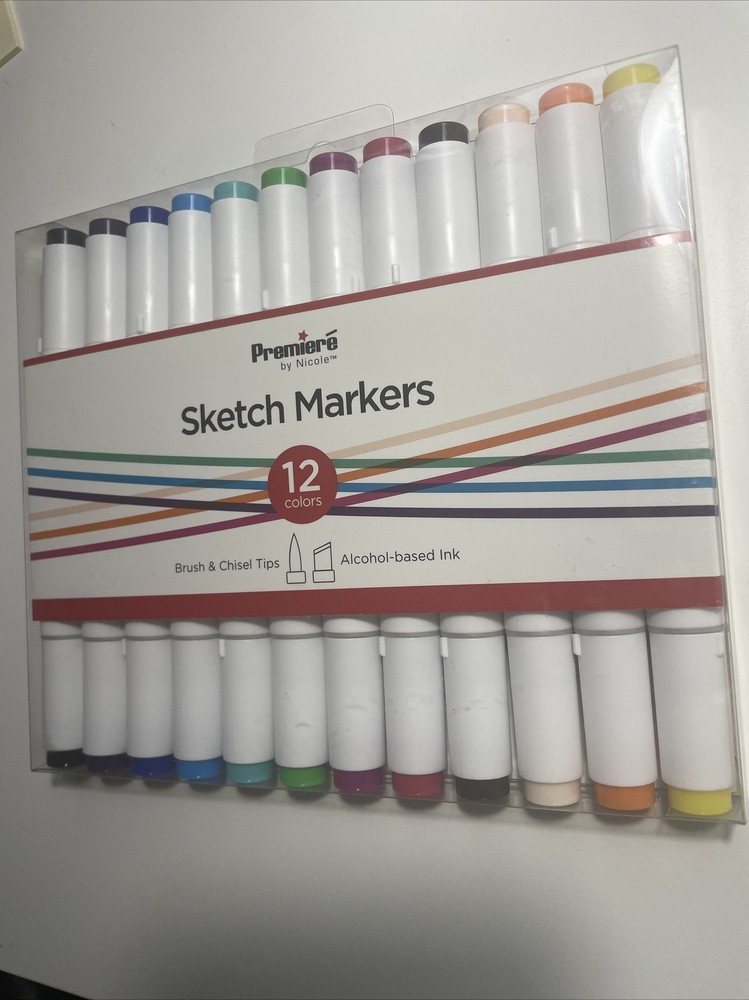 Sketch Marker Set, 12 Colors Premiere Markers By Nicole, Brush & Chisel Tip