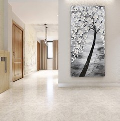 Yihui Arts Hand-Painted Textured White Blossom Tree Art on Canvas, Grey & Bla…