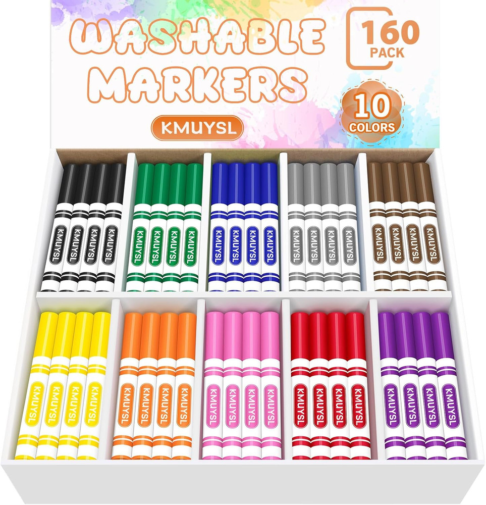 KMUYSL 160 Count Washable Markers Bulk, 10 Assorted Colors – Broad Line Conical