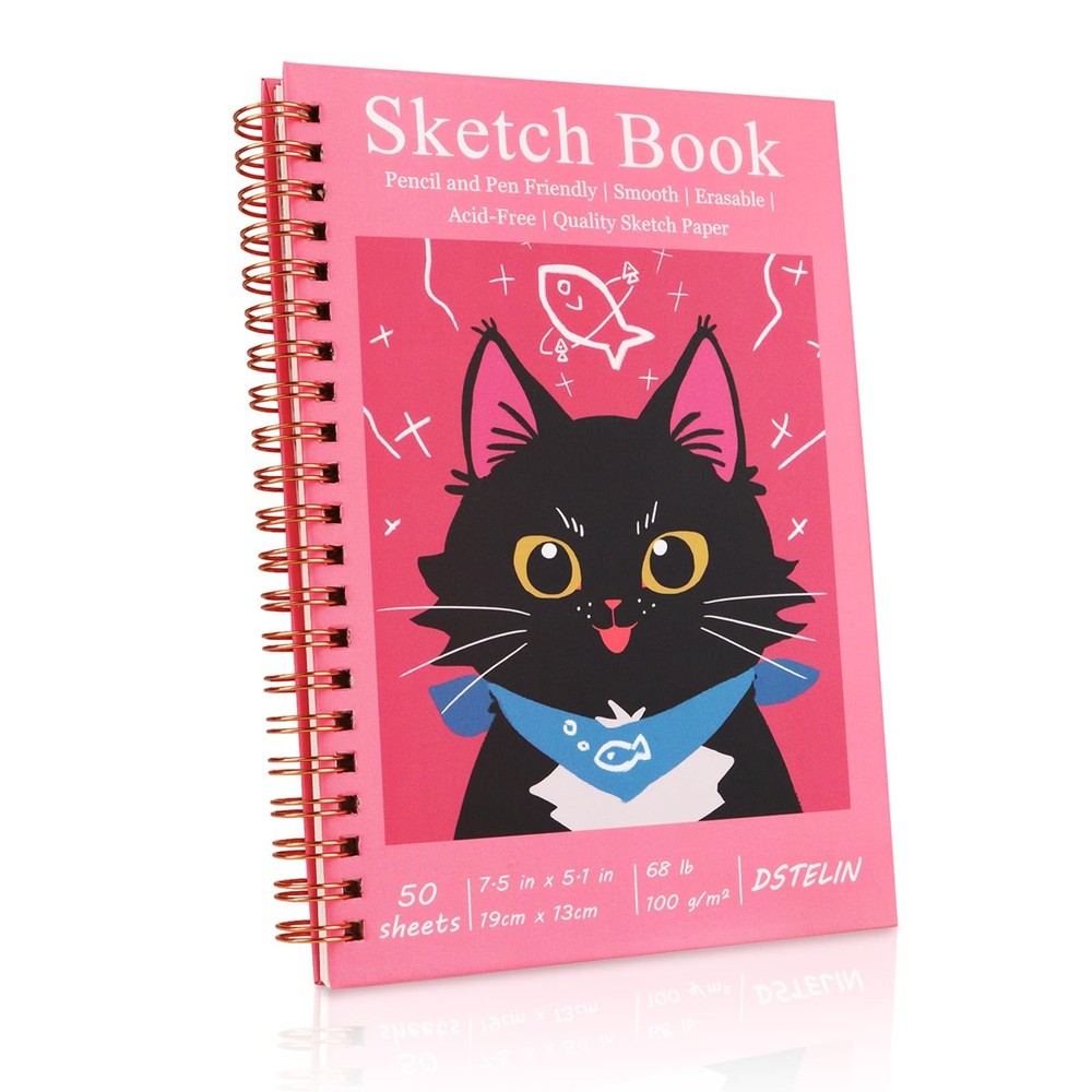 7.5 x 5.1 Inch Sketch Book, 50 Sheets,100gsm, Spiral Bound Black Hardcover wi…