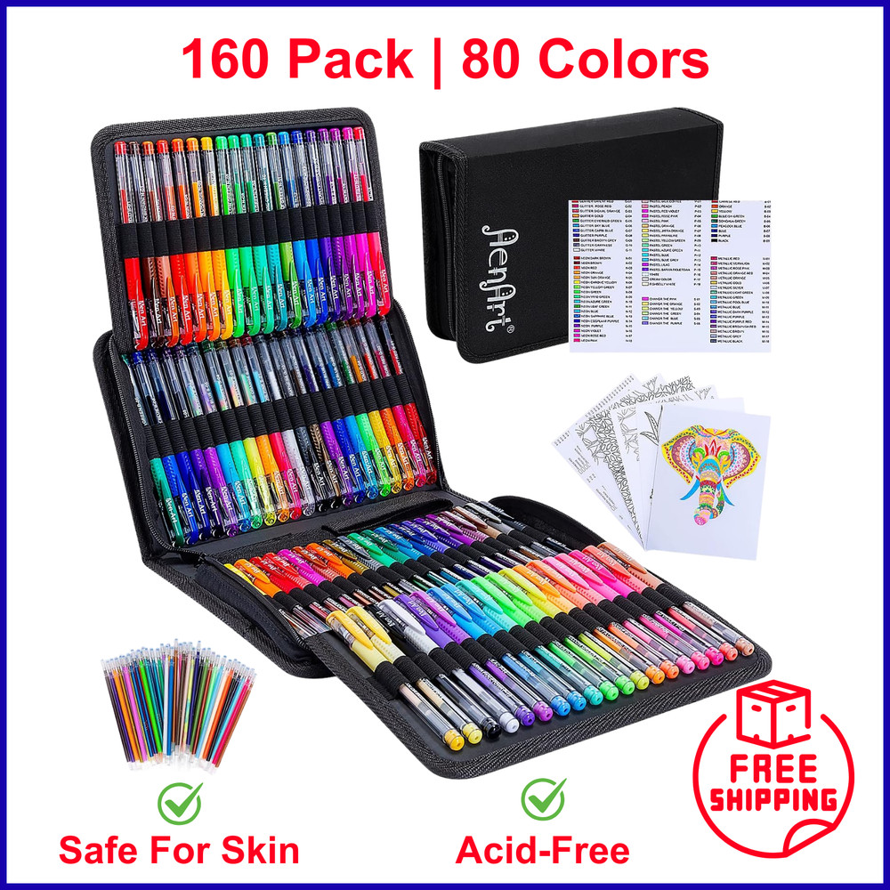 Aen Art Gel Pens For Adult Coloring Books 160Pk Artist Colored Gel Pen 80 Colors