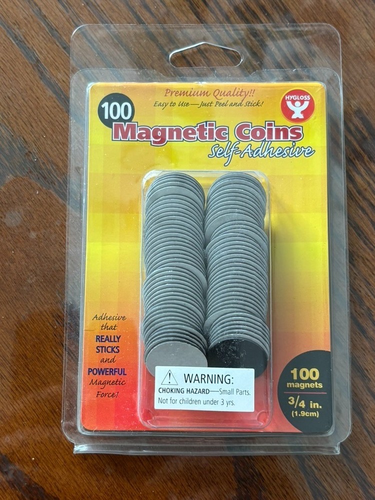 Magnetic coins self adhesive, 100, new in a plastic seal, 3/4 inches