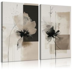 2Pcs Framed Neutral Abstract Canvas Wall Art Floral Pictures Modern Minimalis…