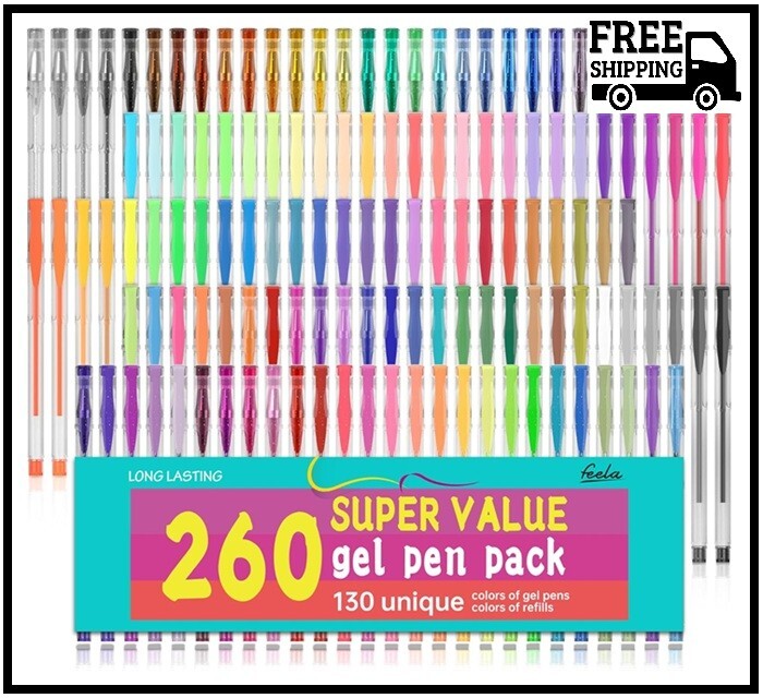 feela Gel Pens Set, 260 Pack 130 Colored Gel Pens Plus 130 Refills for Adult Col