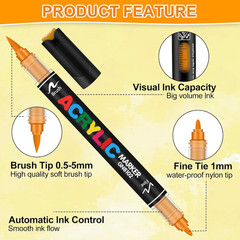 60 Colors Dual Tip Acrylic Paint Pens, 0.5-5MM Brush Tip & 1 MM Fine Tip Acrylic
