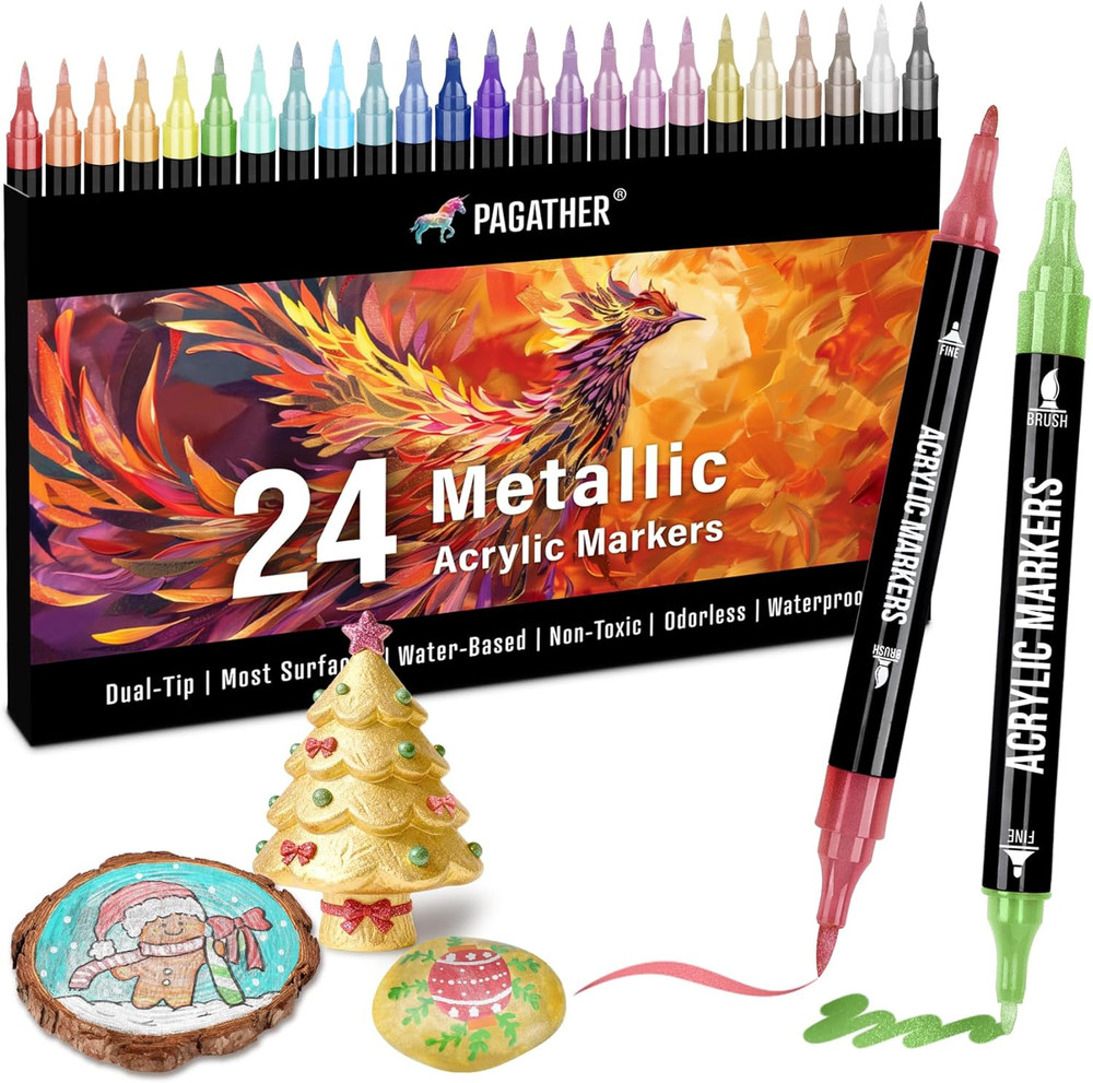 24 Metallic Colors Acrylic Paint Markers, Dual Tip w/ Fine Tip & Brush Tip Pens