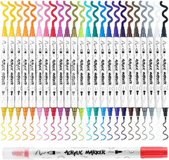 24 Color Bold and Fine Dual-Tip Acrylic Paint Pen Set for Canvas Rock Wood Leath